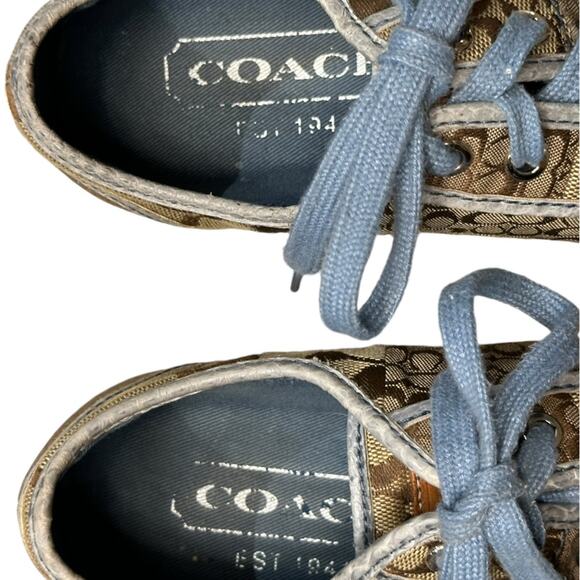 Coach Leather Womens 6M Brown/Tan Patchwork Sneakers with Blue Strings - Picture 4 of 9